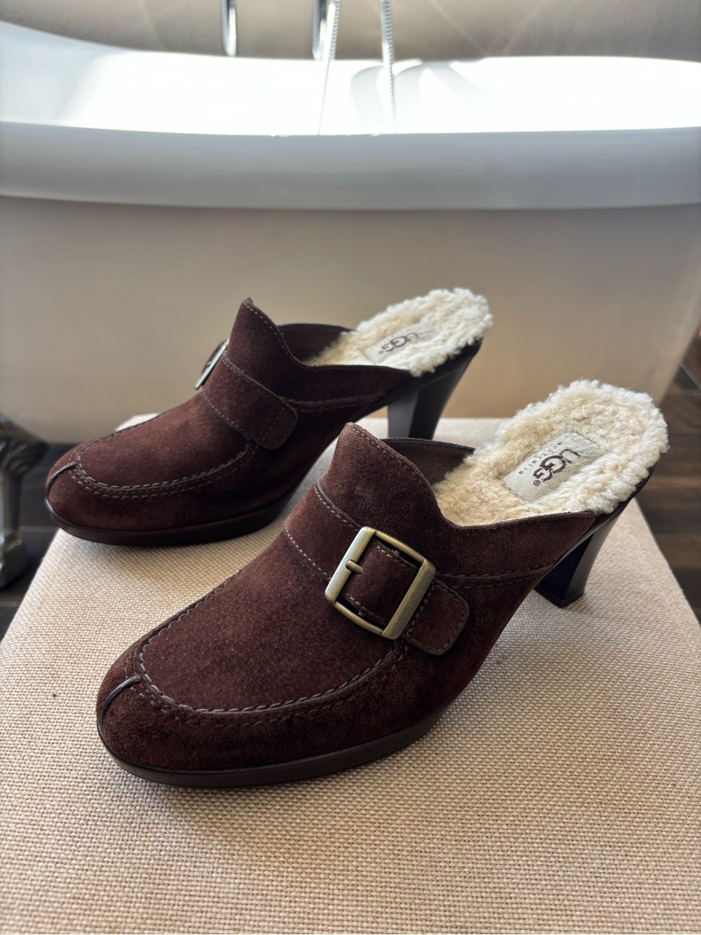 UGG Isabella Brown Suede Shearling Buckle Mules